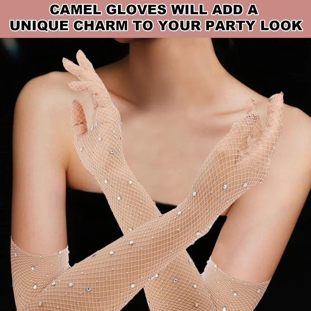 Women's Tan Evening Rhinestone Long Sleeves Arm Elbow Length Party Gloves